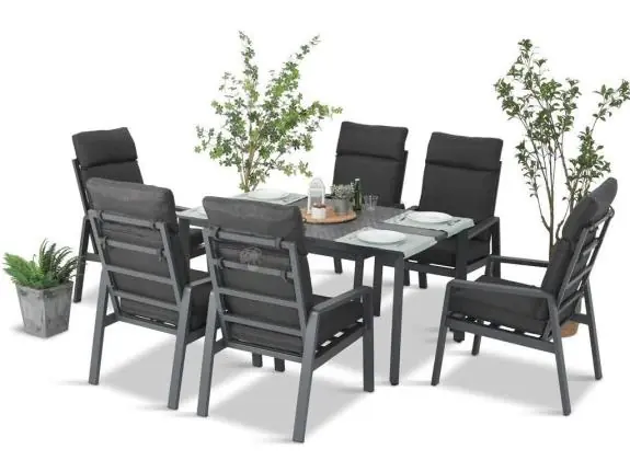 Taniej Grafitowe meble obiadowe na taras - stół 150cm + 6 foteli - Renalo Dining 6+1