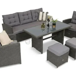 Nowy Zestaw mebli z sofą 186cm, wysokim stołem, fotelami i pufami Cofete Dining – Anthracite Cofete 2.0