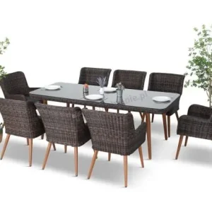 Nowy Brązowy zestaw ogrodowy ze stołem obiadowym 220cm i 8 fotelami technorattanowymi Tonitto Dining 8+1