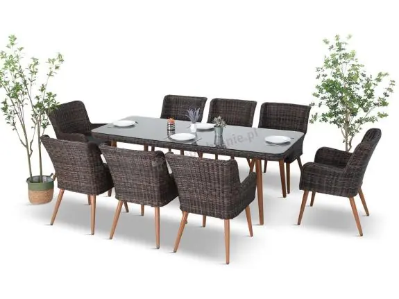 Nowy Brązowy zestaw ogrodowy ze stołem obiadowym 220cm i 8 fotelami technorattanowymi Tonitto Dining 8+1