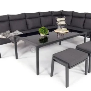 Wyjątkowa oferta Narożnik na taras na metalowym stelażu ze stołem 160cm i pufami - Doros Corner XXL - Dark Grey