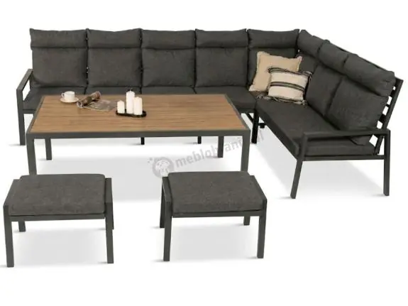 Narożnik na taras na metalowym stelażu ze stołem 160cm i pufami - Doros Corner XXL - Polywood Dark Grey Do wyczerpania zapasów