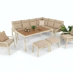 Duży narożnik ogrodowy wysokie oparcia z fotelami, pufami i stołem obiadowym 160cm Doros Corner XL - Polywood Cream Wyprzedaż