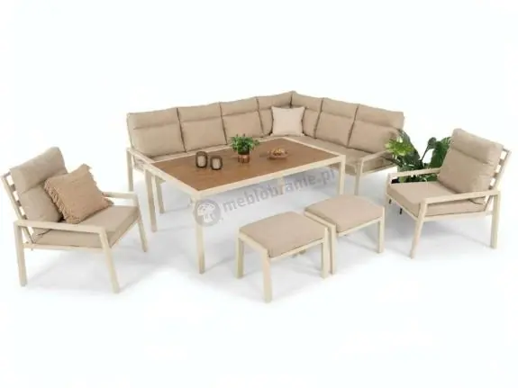 Duży narożnik ogrodowy wysokie oparcia z fotelami, pufami i stołem obiadowym 160cm Doros Corner XL - Polywood Cream Wyprzedaż