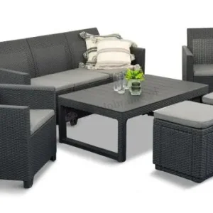 Grafitowy zestaw mebli na taras 7 miejsc - sofa, 2 fotele, 2 pufy i stół podnoszony K3L Oferta