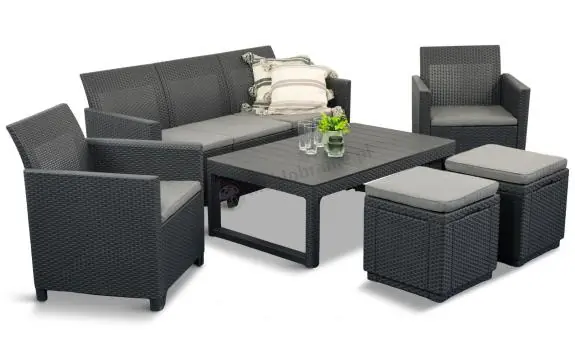 Grafitowy zestaw mebli na taras 7 miejsc - sofa, 2 fotele, 2 pufy i stół podnoszony K3L Oferta
