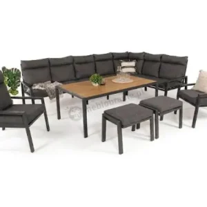 Grafitowe nowoczesne meble tarasowe dla 10 osób Doros Corner XXL narożnik z 2 fotelami i 2 pufami - Polywood Dark Grey Ostatnie sztuki