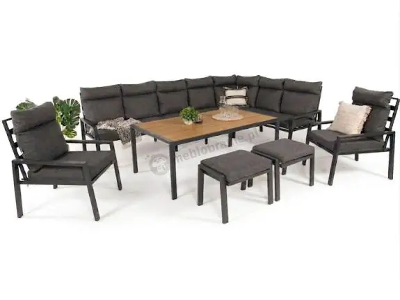 Grafitowe nowoczesne meble tarasowe dla 10 osób Doros Corner XXL narożnik z 2 fotelami i 2 pufami - Polywood Dark Grey Ostatnie sztuki