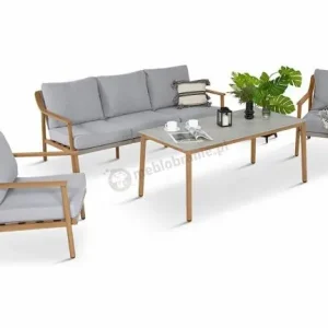 Premium Nowoczesny zestaw mebli Origo z sofą, fotelami i stolikiem - imitacja drewna - Light Grey