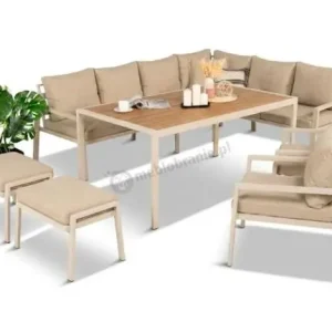 Wysoka jakość Nowoczesny narożnik ogrodowy z fotelami, pufami i stołem obiadowym 160cm Sodor Corner XL - Cream Polywood