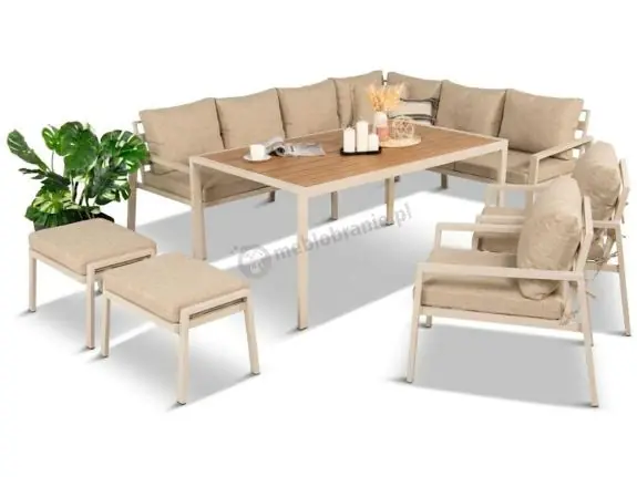 Wysoka jakość Nowoczesny narożnik ogrodowy z fotelami, pufami i stołem obiadowym 160cm Sodor Corner XL - Cream Polywood
