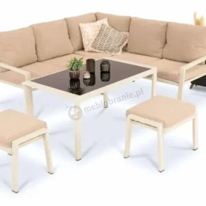 Meble tarasowe metalowe - narożnik 184x184cm, pufy i stół 120cm - Sodor Corner - Cream Nowy