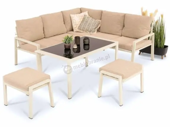 Meble tarasowe metalowe - narożnik 184x184cm, pufy i stół 120cm - Sodor Corner - Cream Nowy