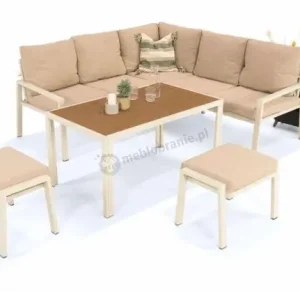 Meble tarasowe metalowe - narożnik 184x184cm, pufy i stół imitacja drewna 120cm - Sodor Corner - Cream Polywood Ekspresowa dostawa