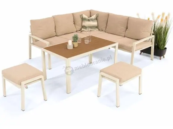 Meble tarasowe metalowe - narożnik 184x184cm, pufy i stół imitacja drewna 120cm - Sodor Corner - Cream Polywood Ekspresowa dostawa