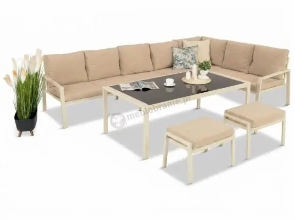 Zestaw mebli ogrodowych metalowych ze stołem 160cm i pufami Sodor Corner XXL - Cream Szybka wysyłka