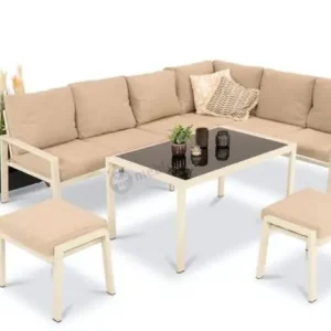 Szybka wysyłka Jasny modułowy narożnik tarasowy ze stolikiem 120cm i pufami - Sodor Corner XL - Cream