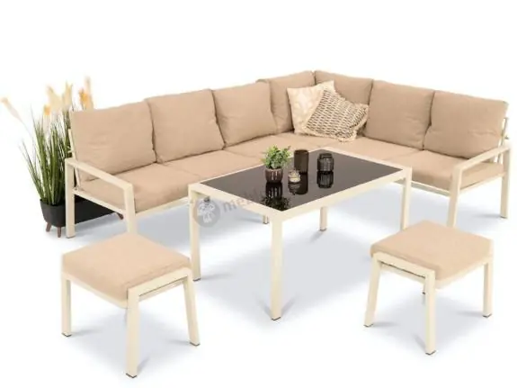 Szybka wysyłka Jasny modułowy narożnik tarasowy ze stolikiem 120cm i pufami - Sodor Corner XL - Cream
