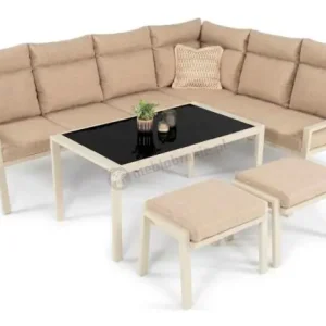 Jasny narożnik tarasowy ze stolikiem 120cm i pufami - Doros Corner XL - Cream Hit sprzedaży