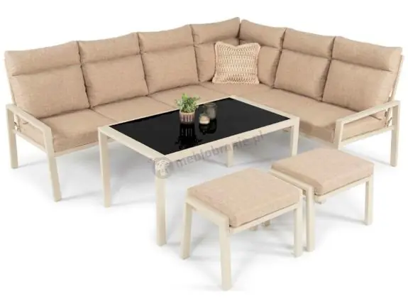 Jasny narożnik tarasowy ze stolikiem 120cm i pufami - Doros Corner XL - Cream Hit sprzedaży