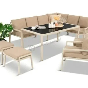 Najlepsza cena Nowoczesny narożnik ogrodowy z fotelami, pufami i stołem obiadowym 160cm Sodor Corner XL - Cream