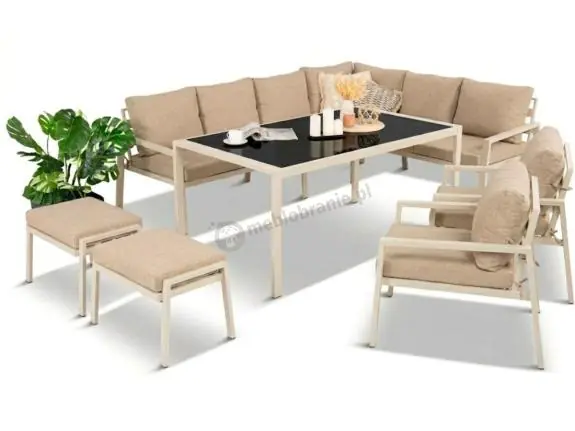 Najlepsza cena Nowoczesny narożnik ogrodowy z fotelami, pufami i stołem obiadowym 160cm Sodor Corner XL - Cream