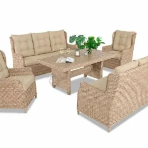 Eleganckie meble technorattanowe dla 8 osób - 2 sofy, 2 fotele i duży stół polywood - Beige Super okazja