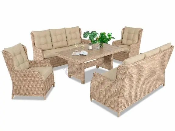 Eleganckie meble technorattanowe dla 8 osób - 2 sofy, 2 fotele i duży stół polywood - Beige Super okazja