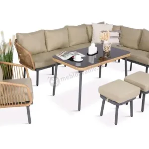 Oferta limitowana Nowoczesny beżowy narożnik ogrodowy 8 osób z fotelem, pufami i stołem 120cm Postigo Corner XL Nature