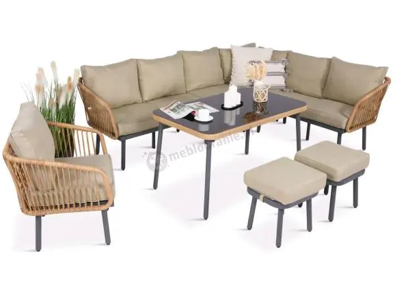 Oferta limitowana Nowoczesny beżowy narożnik ogrodowy 8 osób z fotelem, pufami i stołem 120cm Postigo Corner XL Nature