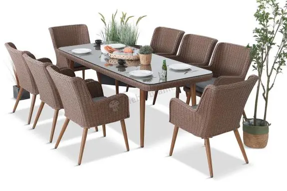 Ostatnia szansa Brązowy zestaw ogrodowy ze stołem obiadowym 220cm i 8 fotelami technorattanowymi Tonitto Dining 8+1 Brown