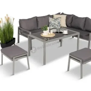 Meble tarasowe metalowe - narożnik 184x184cm, pufy i stół 120cm - Sodor Corner - Silver Oferta czasowa