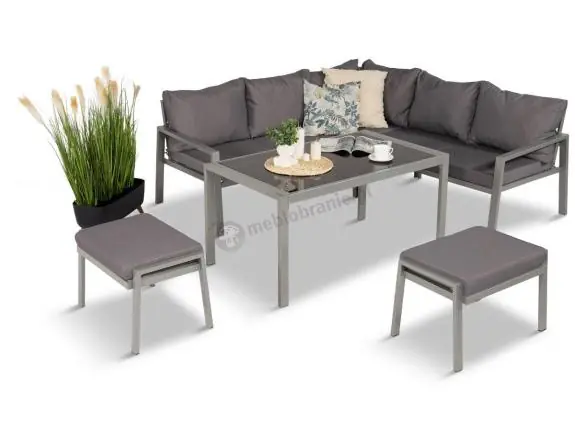 Meble tarasowe metalowe - narożnik 184x184cm, pufy i stół 120cm - Sodor Corner - Silver Oferta czasowa