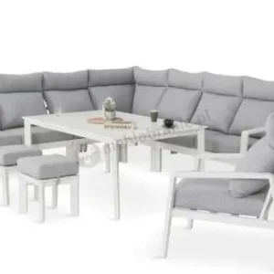 Biały zestaw mebli ogrodowych z narożnikiem, fotelami i pufami - Renalo Corner XL Oferta