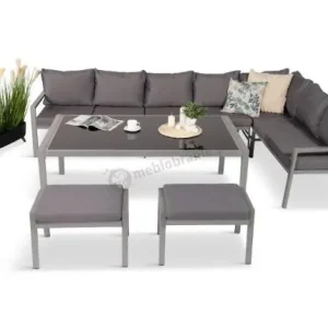 Bestseller Zestaw mebli ogrodowych metalowych ze stołem 160cm i pufami Sodor Corner XXL - Silver