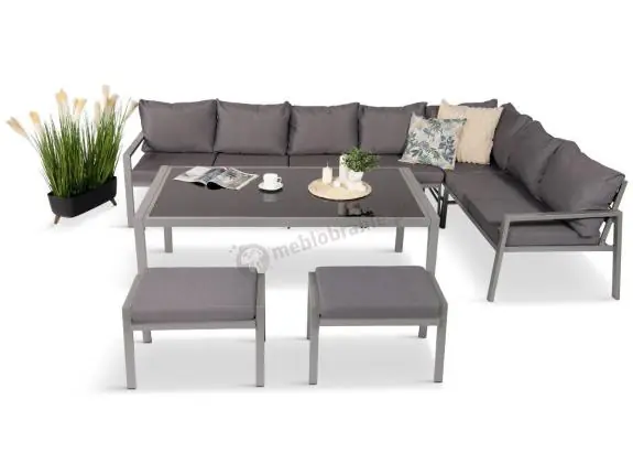Bestseller Zestaw mebli ogrodowych metalowych ze stołem 160cm i pufami Sodor Corner XXL - Silver