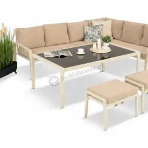 Kremowy narożnik na taras, stół 160cm i 2 pufy - Sodor Corner XL - Cream Ograniczona ilość