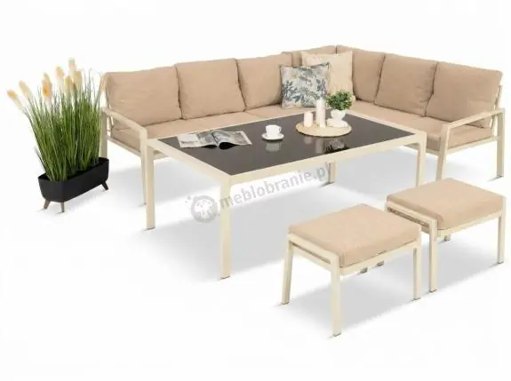 Kremowy narożnik na taras, stół 160cm i 2 pufy - Sodor Corner XL - Cream Ograniczona ilość