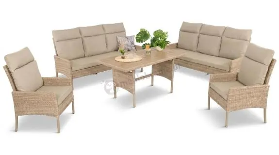 Komplet mebli technorattanowych dla 8 osób z sofami i stołem polywood Lirata Grande Natural Taniej