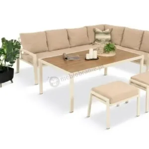 Łatwy zwrot Kremowy narożnik na taras, stół 160cm i 2 pufy - Sodor Corner XL - Cream Polywood