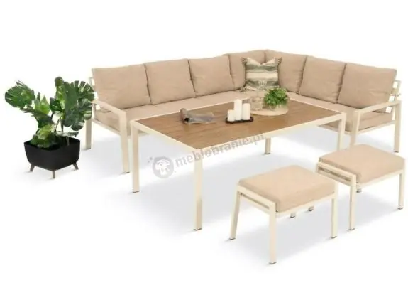 Łatwy zwrot Kremowy narożnik na taras, stół 160cm i 2 pufy - Sodor Corner XL - Cream Polywood