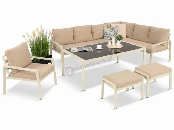 Zamów dziś Jasne nowoczesne meble ogrodowe - modułowy narożnik 184x239cm i fotel - Sodor Corner XL - Cream