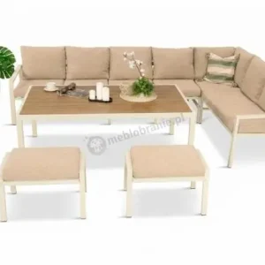 Najlepsza cena Zestaw mebli ogrodowych metalowych ze stołem 160cm i pufami Sodor Corner XXL - Cream Polywood