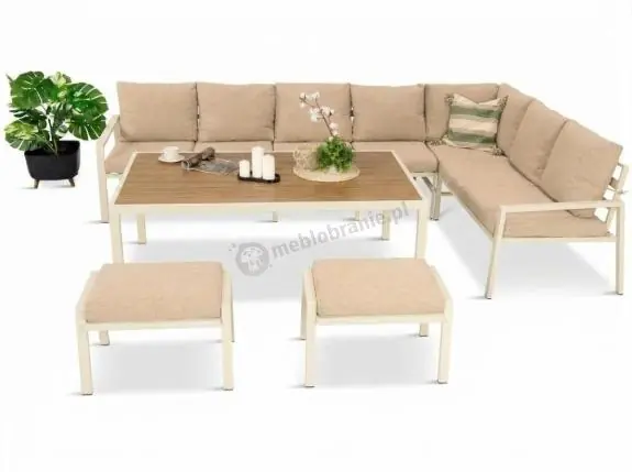 Najlepsza cena Zestaw mebli ogrodowych metalowych ze stołem 160cm i pufami Sodor Corner XXL - Cream Polywood