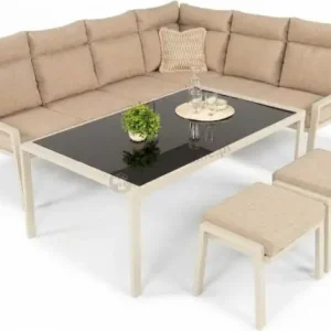 Kup online Narożnik na taras z wysokim oparciem, stół 160cm i 2 pufy - Doros Corner XL - Cream