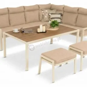 Taniej Narożnik na taras z wysokim oparciem, stół 160cm i 2 pufy - Doros Corner XL - Polywood Cream