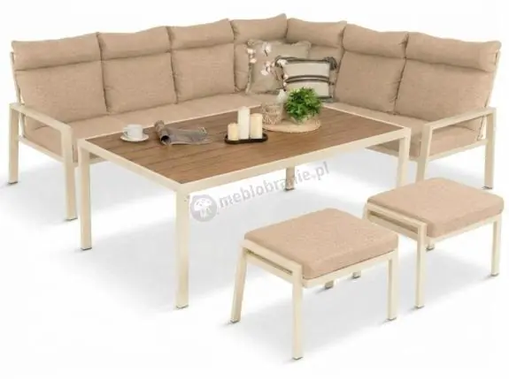 Taniej Narożnik na taras z wysokim oparciem, stół 160cm i 2 pufy - Doros Corner XL - Polywood Cream