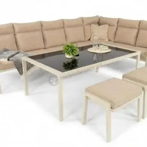 Zestaw mebli ogrodowych metalowych ze stołem 160cm i pufami Doros Corner XXL - Cream Obniżka ceny