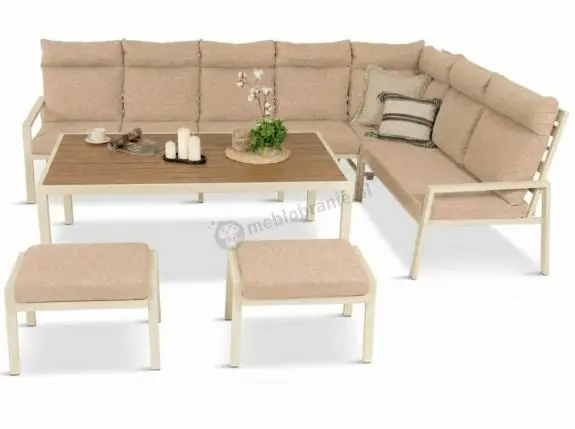 Zestaw mebli ogrodowych metalowych ze stołem 160cm i pufami Doros Corner XXL - Polywood Cream Tani