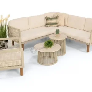 Aluminiowy narożnik z plecionką z dwoma stolikami premium - Rivia Cream Szybka dostawa